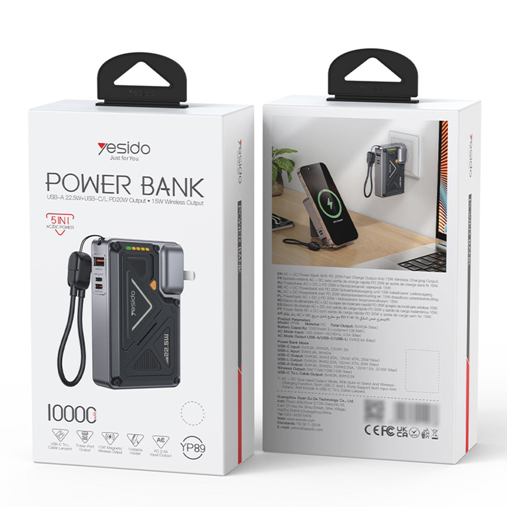 Baterie externa Yesido (YP89), 10000mAh, USB / Lightning / Type-C, 22.5W, Gri