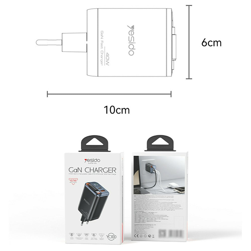 Yesido - Wall Charger (YC100) - USB, Type-C, GaN, Fast Charging, Digital Display, 67W, Retractable Type-C Cable, 65cm - 