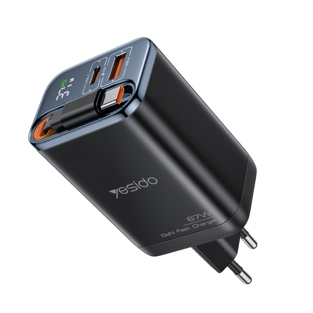 Yesido - Wall Charger (YC100) - USB, Type-C, GaN, Fast Charging, Digital Display, 67W, Retractable Type-C Cable, 65cm - 