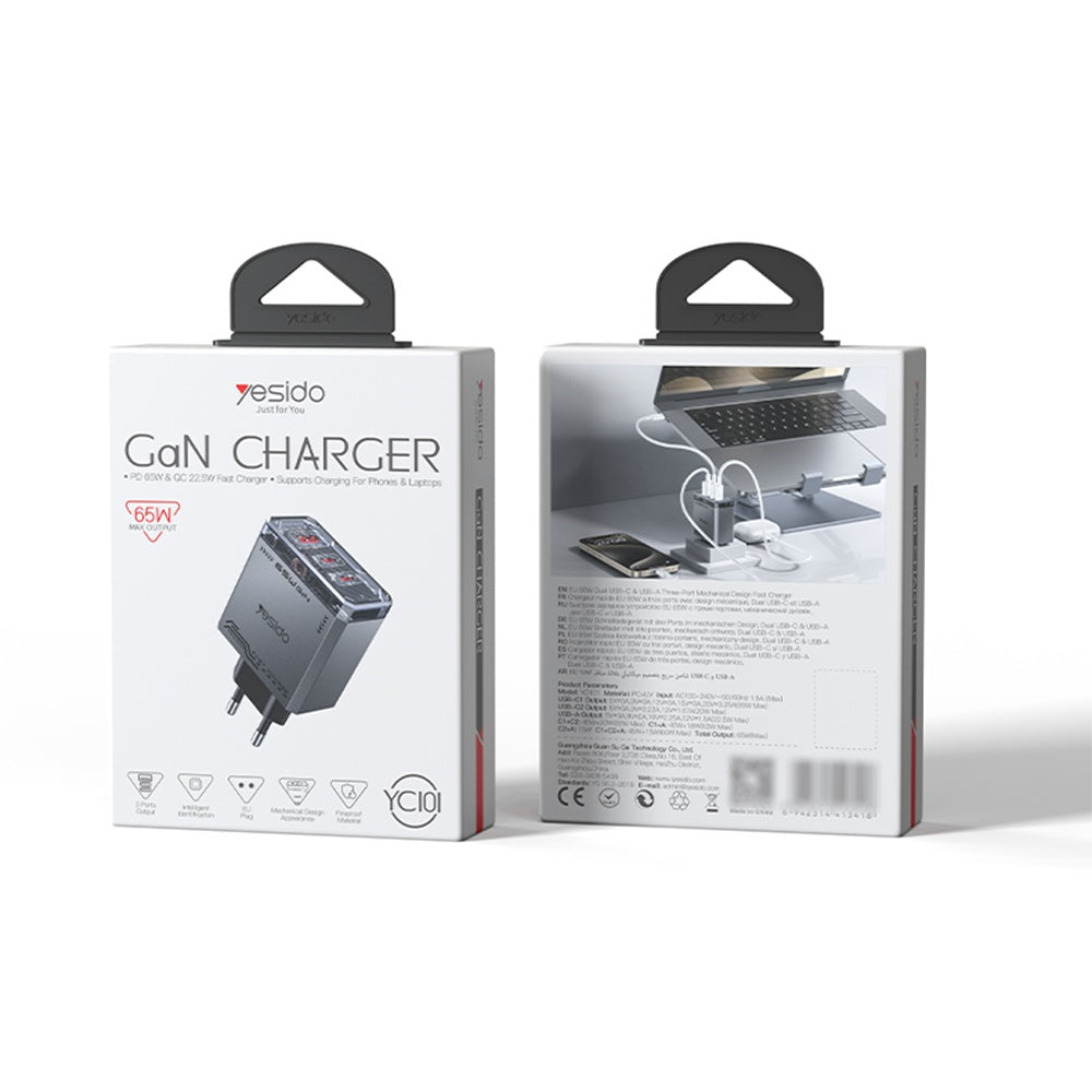 Incarcator Yesido (YC101), USB / 2x Type-C, 65W, GaN, Negru