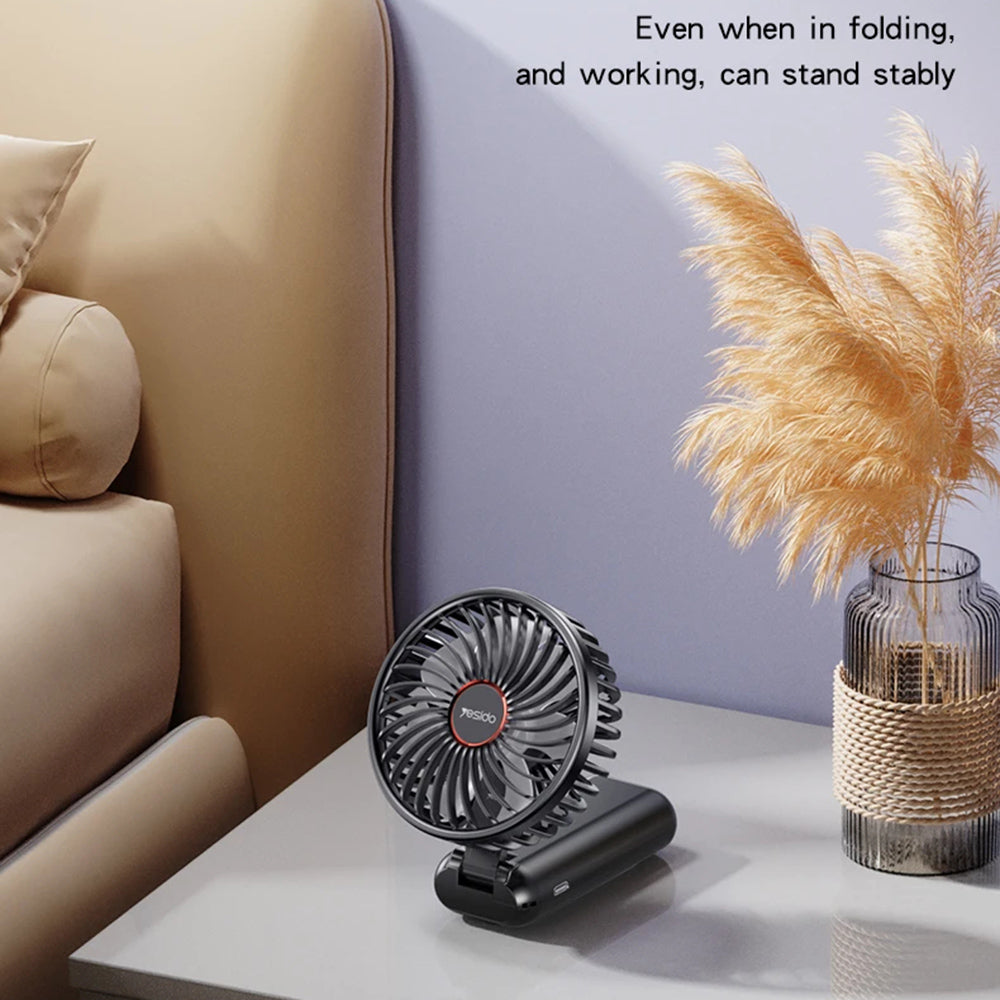Yesido - Mini Handheld Fan (YF10) - Power Bank, Foldable, 3 Speed Levels, Phone Holder, 4000mAh, Type-C - Black