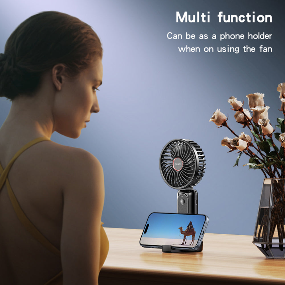 Yesido - Mini Handheld Fan (YF10) - Power Bank, Foldable, 3 Speed Levels, Phone Holder, 4000mAh, Type-C - Black