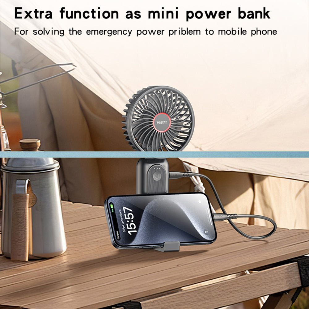 Yesido - Mini Handheld Fan (YF10) - Power Bank, Foldable, 3 Speed Levels, Phone Holder, 4000mAh, Type-C - Black