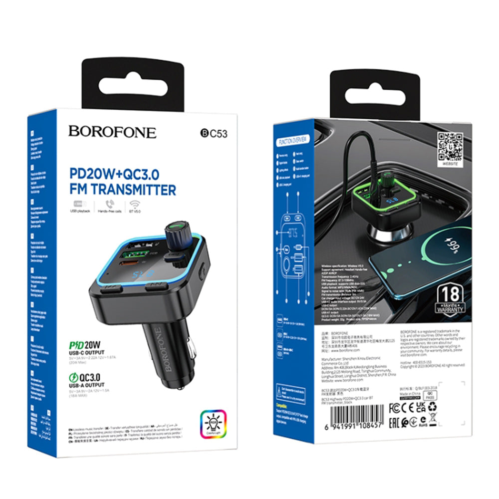 Borofone - FM Modulator and Car Charger Highway (BC53) - Bluetooth V5.0, 2x USB, Type-C, 38W, RGB Ambient Lights - Black