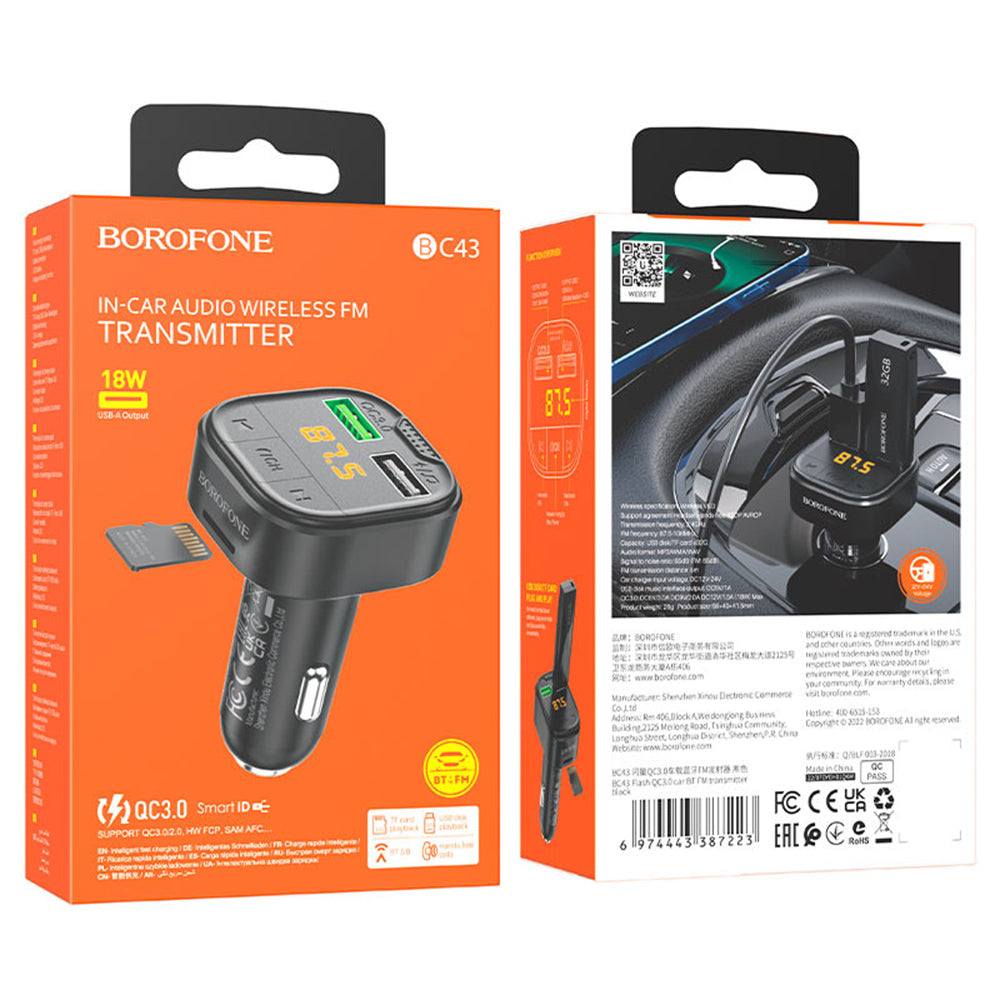 Borofone - FM Modulator and Car Charger Flash (BC43) - Bluetooth V5.0, 2x USB, MicroSD Card Slot, QC3.0, 18W - Black