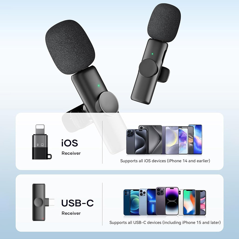 Borofone - (2 pack) Wireless Lavalier Microphones Trophy (BFK12) - 2.4Ghz, Type-C, Lightning, 70mAh - Black
