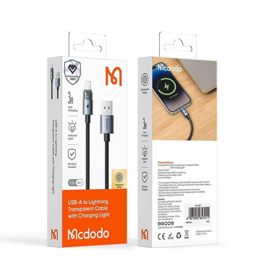 Mcdodo - Data Cable (CA-6911) - with Charging Light, USB-A to Lightning, Transparent Cable, 3A, 1.2m - Desert Gold