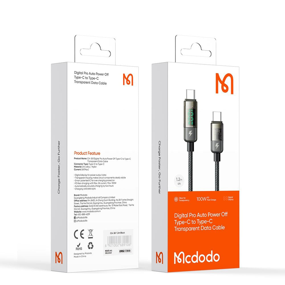 Mcdodo - Data Cable (CA-3610) - Type-C to Type-C, 100W, Digital Display, Auto Power Off, Transparent Design, 1.2m - Blac