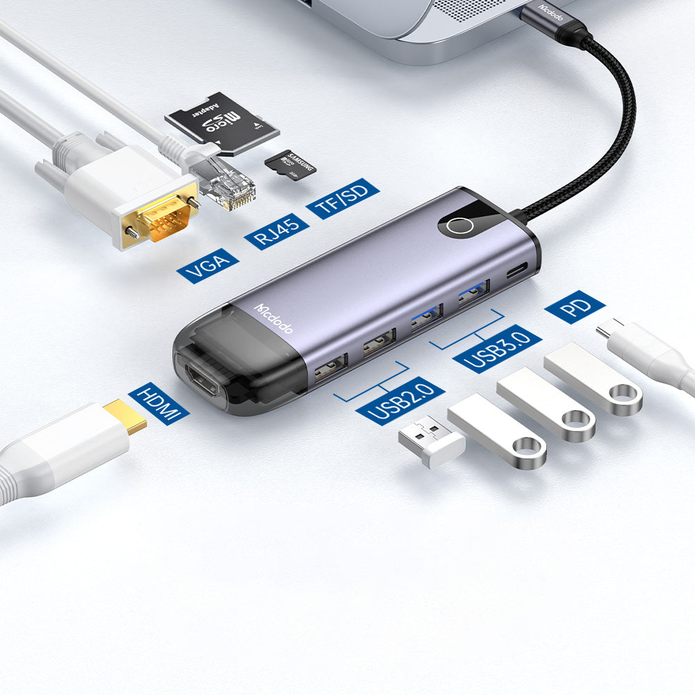 Mcdodo - Hub (HU-7420) - 10in1, 2x USB2.0, 2x USB3.0, USB-C PD100W, VGA, HDMI 4K, LAN, SD/TF Slot, 5Gbps, Type-C Cable -