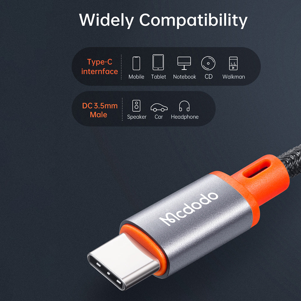 Mcdodo - Audio Cable (CA-0900) - Type-C to Jack 3.5mm, Coil Design, Nylon Braided, 1.8m - Black