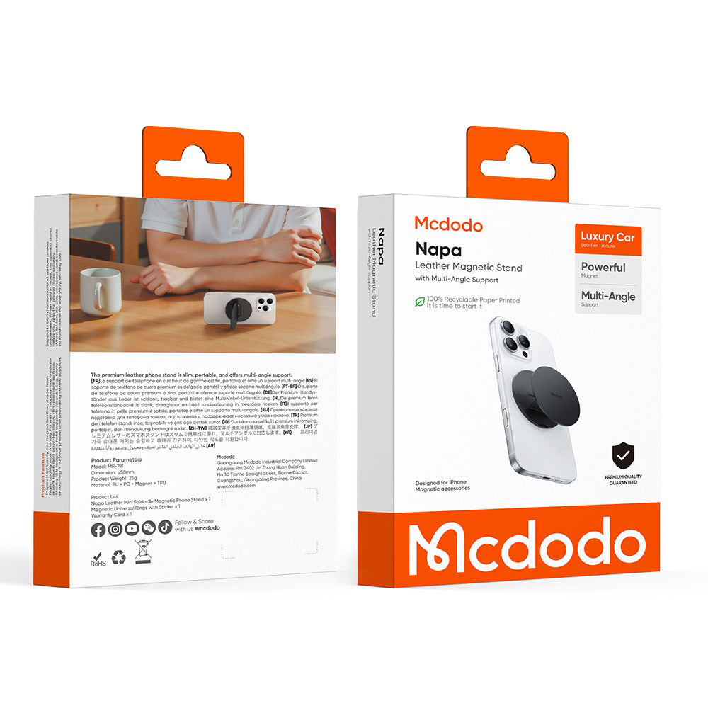 Mcdodo - Foldable Magnetic Phone Stand (MR-7910) - with Multi-Angle Support, Leather - Black