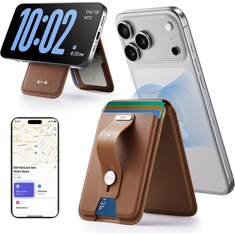 ESR - Geo HaloLock Wallet Stand (2K6091062) - MagSafe, Vegan Leather, All in One Pocket, Holds 1–5 Cards - Caramel Brown