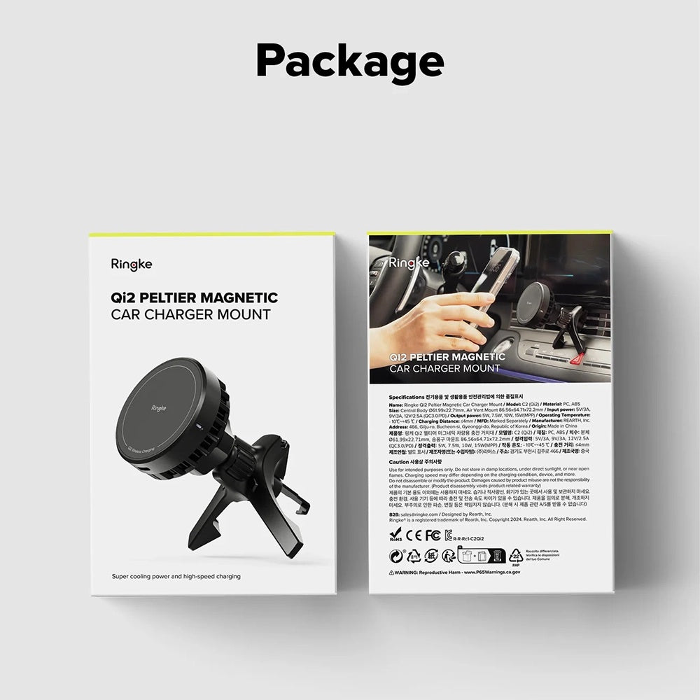 Ringke - Car Holder with Wireless Charging Peltier - Magnetic, Qi2, for Air Vent, 15W - Black