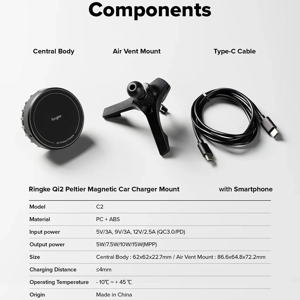 Ringke - Car Holder with Wireless Charging Peltier - Magnetic, Qi2, for Air Vent, 15W - Black