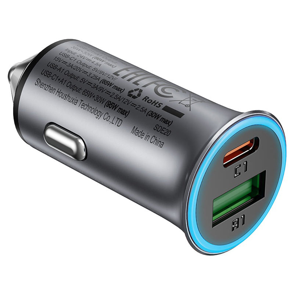Acefast - Car Charger (B16) - Fast Charge, USB, Type-C, 95W, PD3.0, Ice-blue Ambient Light, Aluminium Alloy - Metal Gray