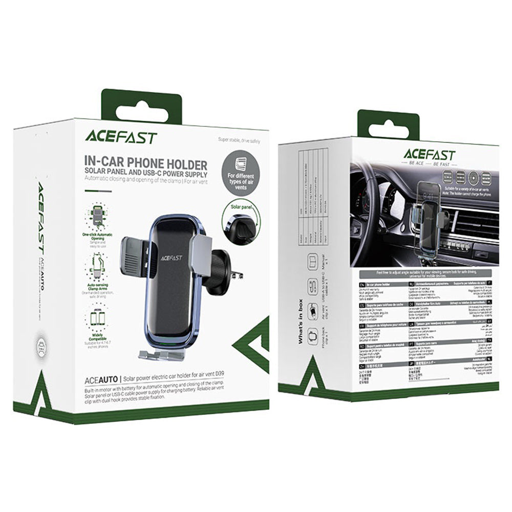 Acefast - Car Holder with Wireless Charging (D39) - for Air Vent, with Solar Panel, Battery, Automatic Arms - Black