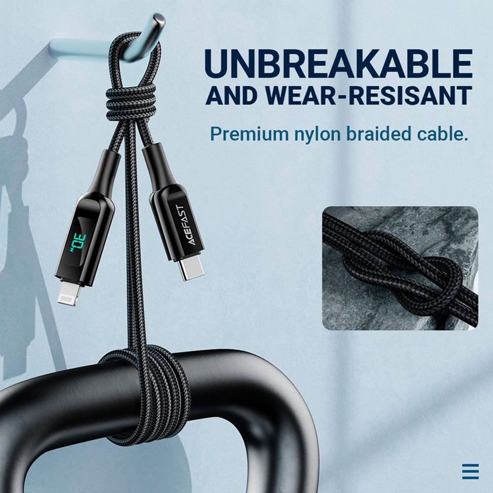Acefast - Data Cable (C6-01) - Type-C to Lightning, Fast Charging, 3A, LED Display, 1.2m - Black