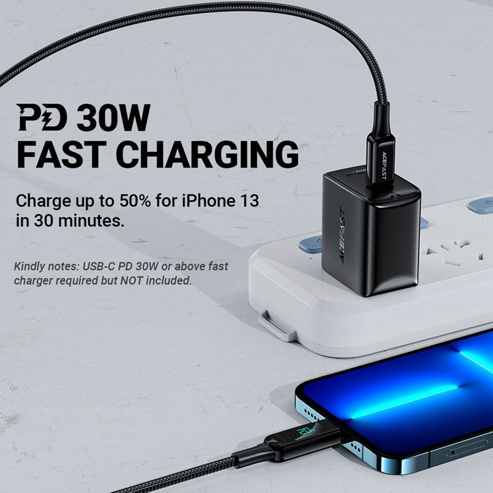 Acefast - Data Cable (C6-01) - Type-C to Lightning, Fast Charging, 3A, LED Display, 1.2m - Black