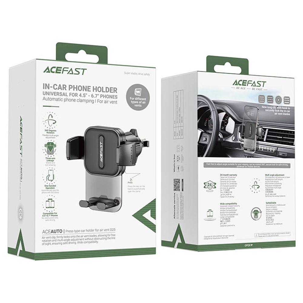 Acefast - Car Holder (D25) - for Air Vent, Free Rotation, Adjustable Angle, Secure Lock Clip, for 4.5 - 6.7" Phones - Bl