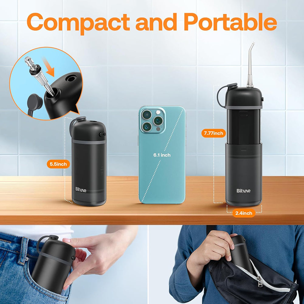 Bitvae - Water Flosser P1 (BVP1) - with Telescopic Water Tank, 4x 360° Rotating Nozzle, for Sensitive Teeth, IPX7 - Blac
