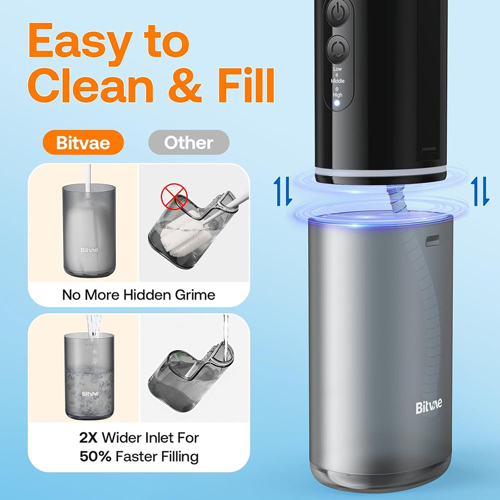 Bitvae - Water Flosser P1 (BVP1) - with Telescopic Water Tank, 4x 360° Rotating Nozzle, for Sensitive Teeth, IPX7 - Blac