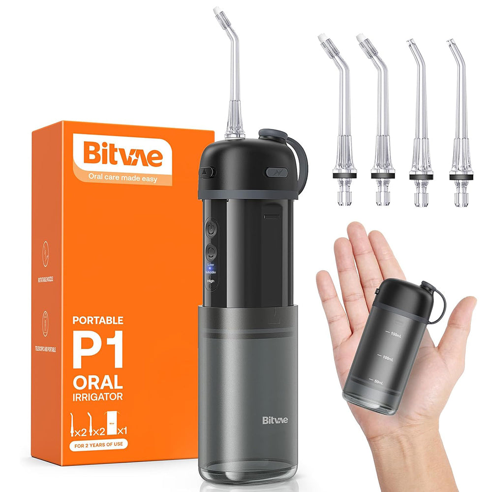 Bitvae - Water Flosser P1 (BVP1) - with Telescopic Water Tank, 4x 360° Rotating Nozzle, for Sensitive Teeth, IPX7 - Blac