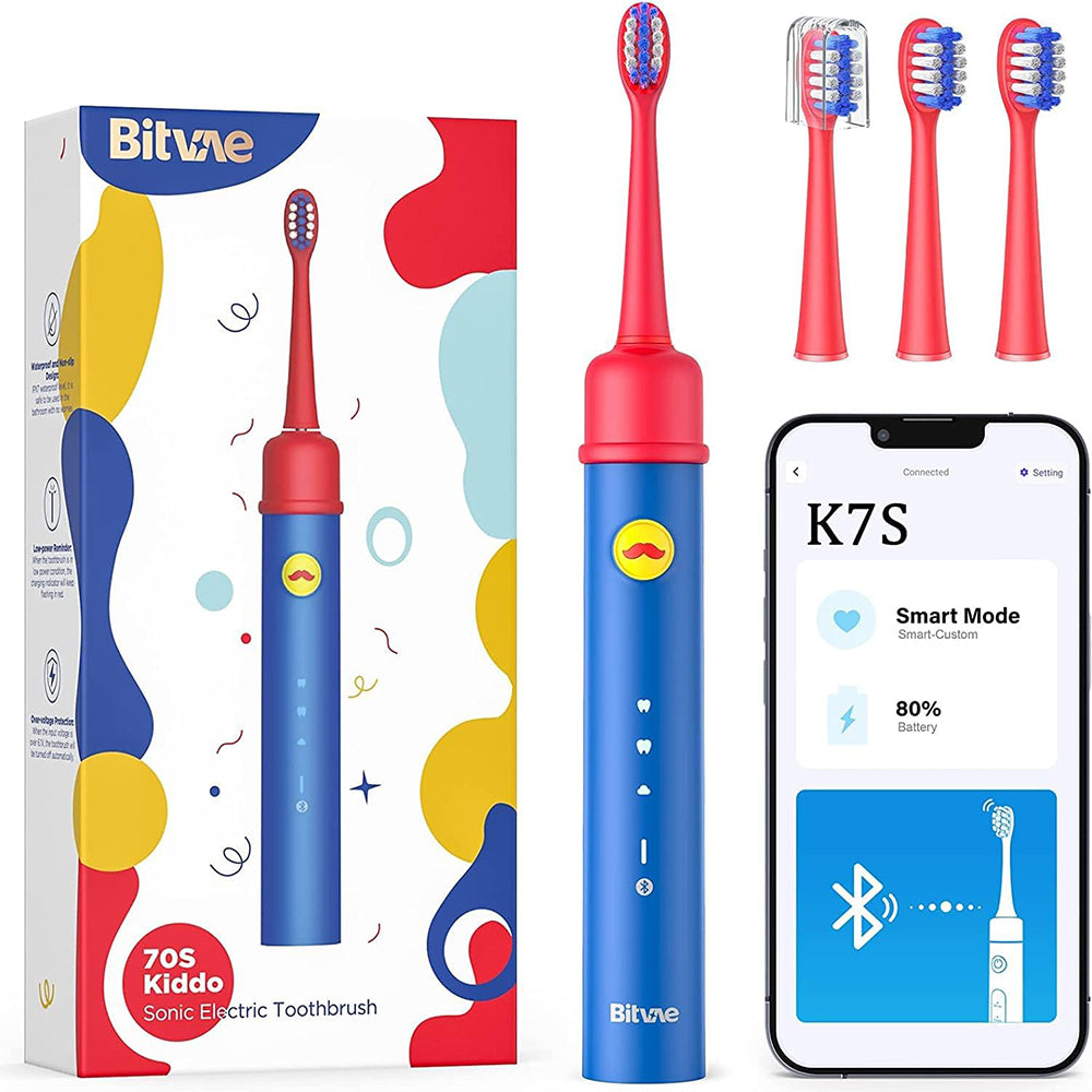 Bitvae - Electric Toothbrush (BVK7S) - Sonic, for Kids, 3 Modes, with App, Tips set, Pressure Sensor, IPX7 - Blue / Red