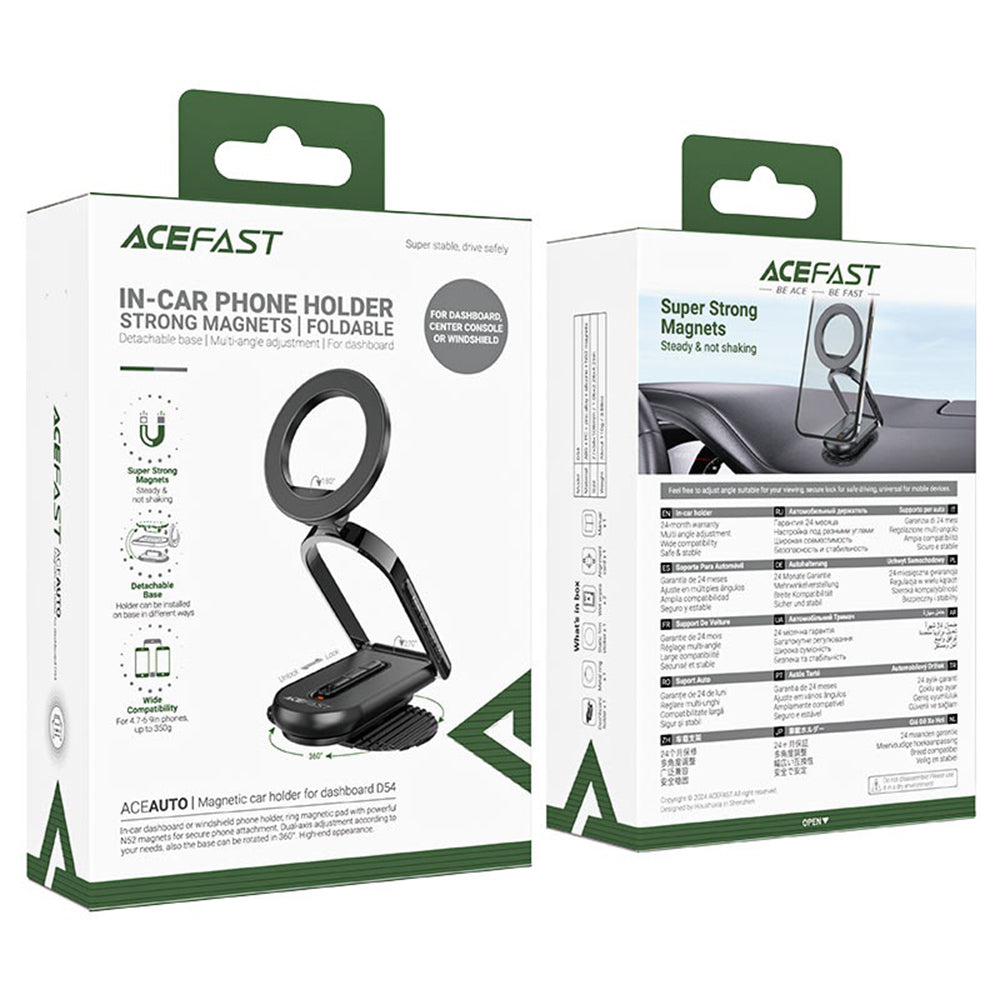 Acefast- Car Holder (D54) - Magnetic Grip, for Dashboard / Windshield, 360°, Dual-Axis, Detachable Base, Max. 6.9" - Bla