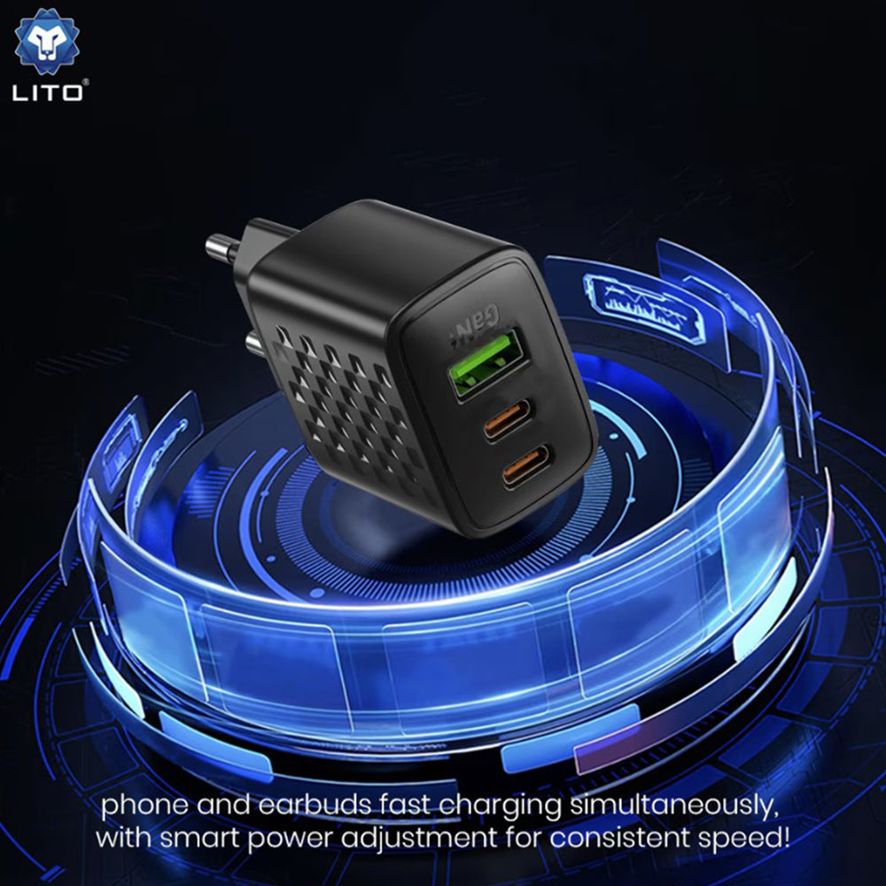 Lito - Wall Charger (LC25T) - with Type-C Cable Included, 2x Type-C, USB Output, PD65W, GaN, PC Fireproof, EU Plug - Bla