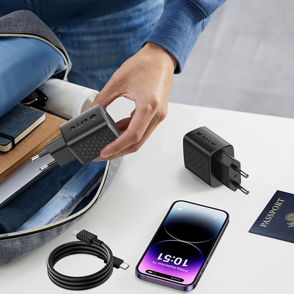 Lito - Wall Charger (LC25T) - with Type-C Cable Included, 2x Type-C, USB Output, PD65W, GaN, PC Fireproof, EU Plug - Bla