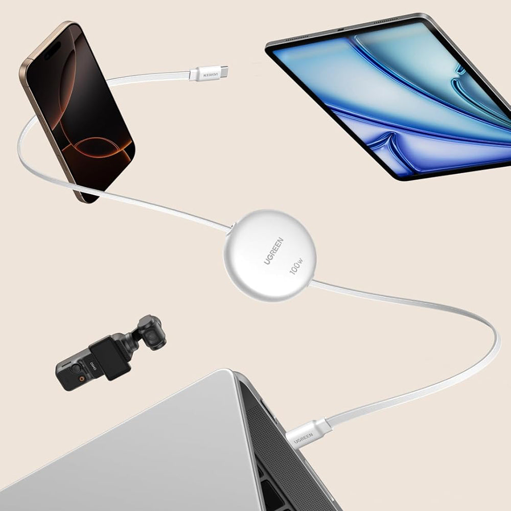Ugreen - Data Cable (L531) - Type-C to Type-C, Retractable, Fast Charging, PD 3.0, 100W, E-maker Chip, 1m - White