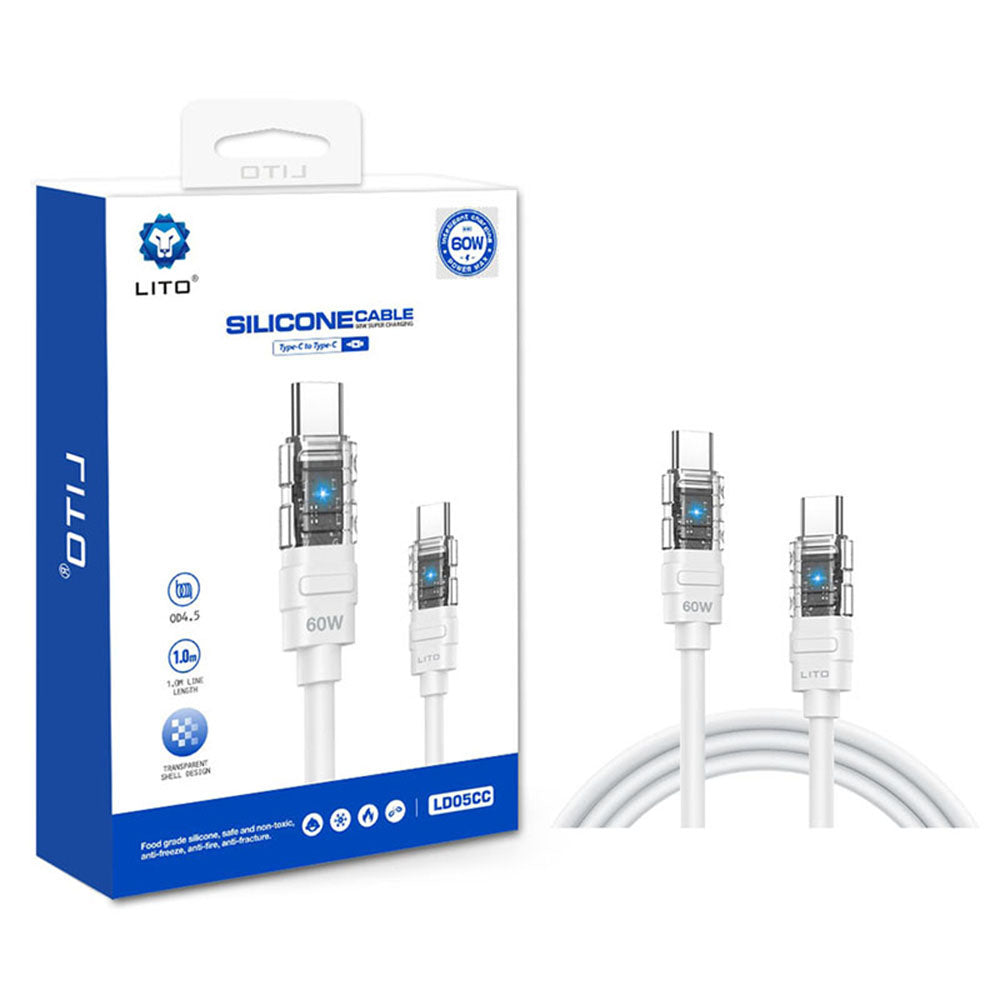Lito - Data Cable Mechanical (LD05) - Type-C to Type-C, Fast Charging 60W, Transparent Head, LED - White