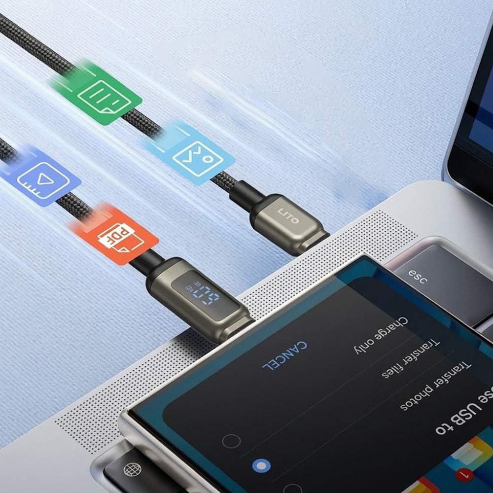 Lito - Data Cable (LD15) - Type-C to Type-C, Fast Charging, Braided Nylon, 60W, LED Display - Black