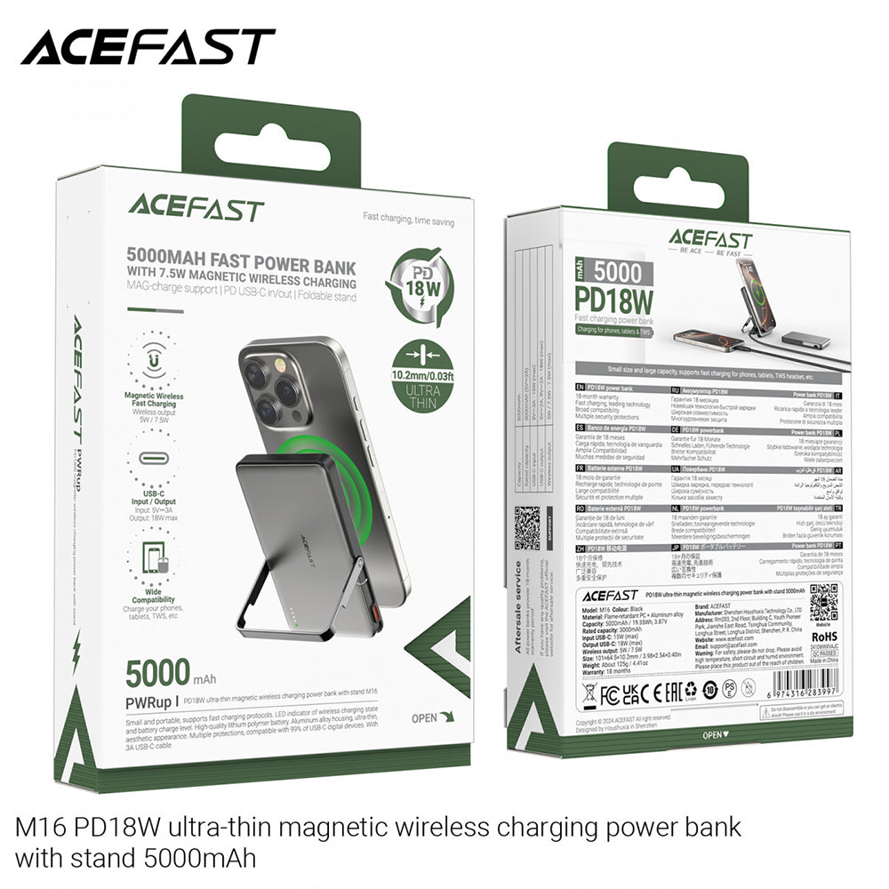 Acefast - Magnetic Wireless Power Bank (M16-5000) - with Foldable Stand, USB-C Port, 5000mAh, PD18W, LED Indicator - Bla