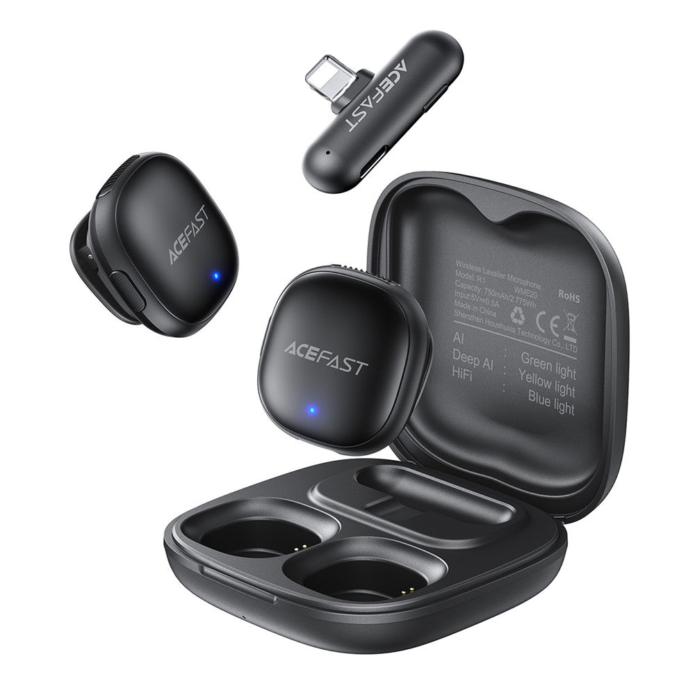 Acefast - Wireless Lavalier Microphones (R1) - Lightning, HD 360°Sound, AI Noise Reduction, 750mAh, Ultra-low Latency - 