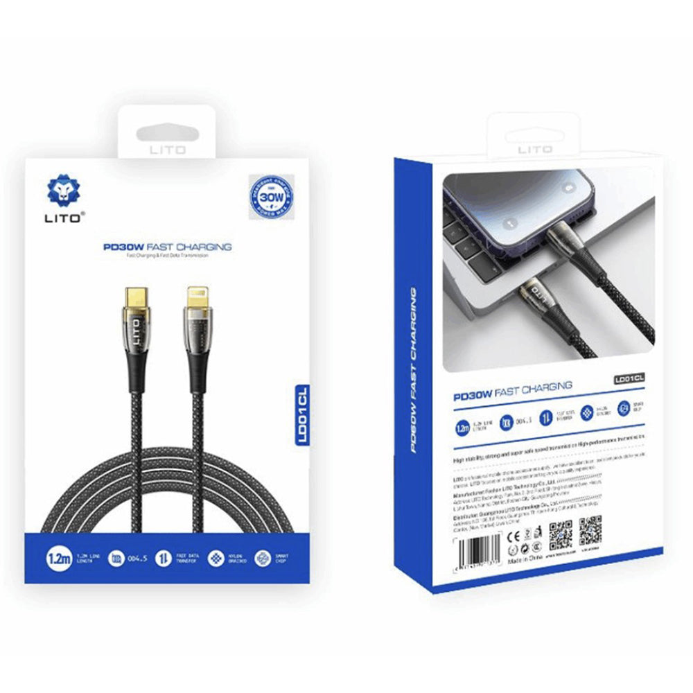 Lito - Data Cable Transparent (LD01) - Type-C to Lightning, Fast Charging 27W, Braided, Gold Plated Interface, 1.2m - Bl