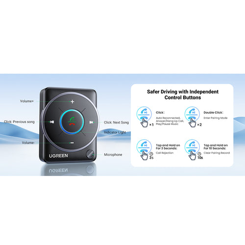 Ugreen - Audio Receiver CM723 (35002) - USB, Jack 3.5mm, Bluetooth 5.4, LED Light Design, Dual Pairing - Black