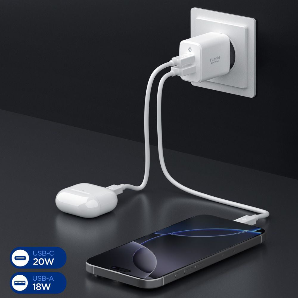 Spigen - Wall Charger Essential EE202EU (ACH08704) - USB, Type-C, Fast Charging, Quantum Boost, 20W - White