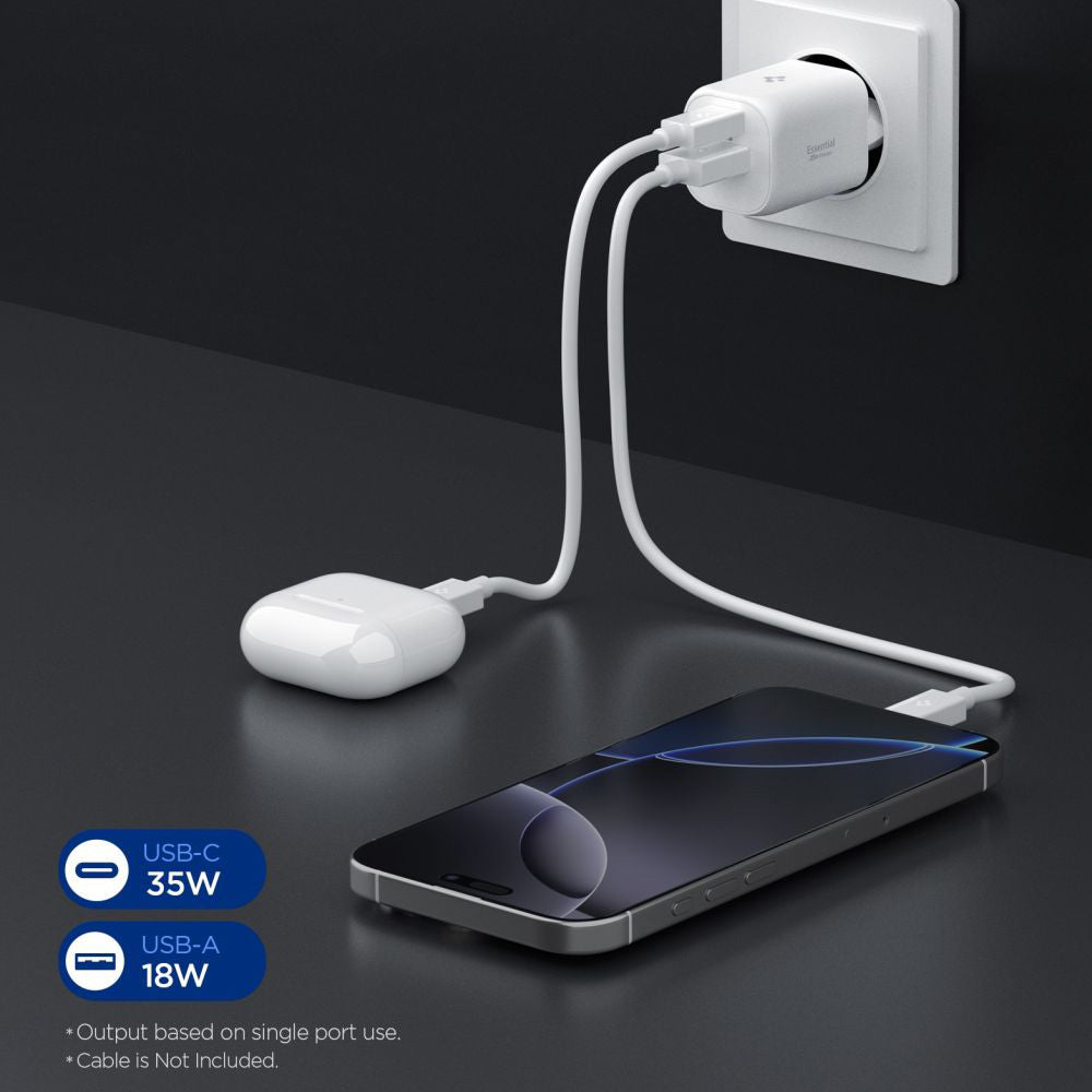 Spigen - Wall Charger Essential EE352EU (ACH09462) - USB, Type-C, Fast Charging, Quantum Boost, 35W - White