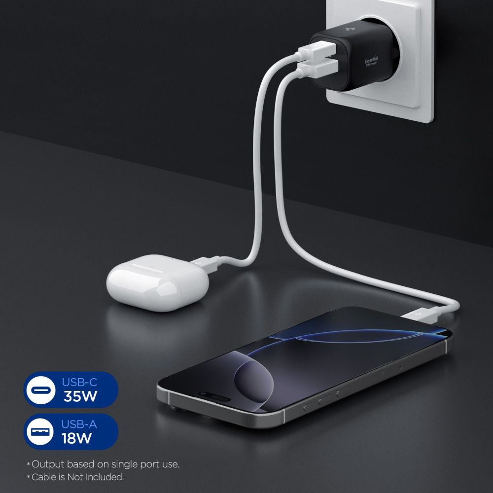 Spigen - Wall Charger Essential EE352EU (ACH09463) - USB, Type-C, Fast Charging, Quantum Boost, 35W - Black