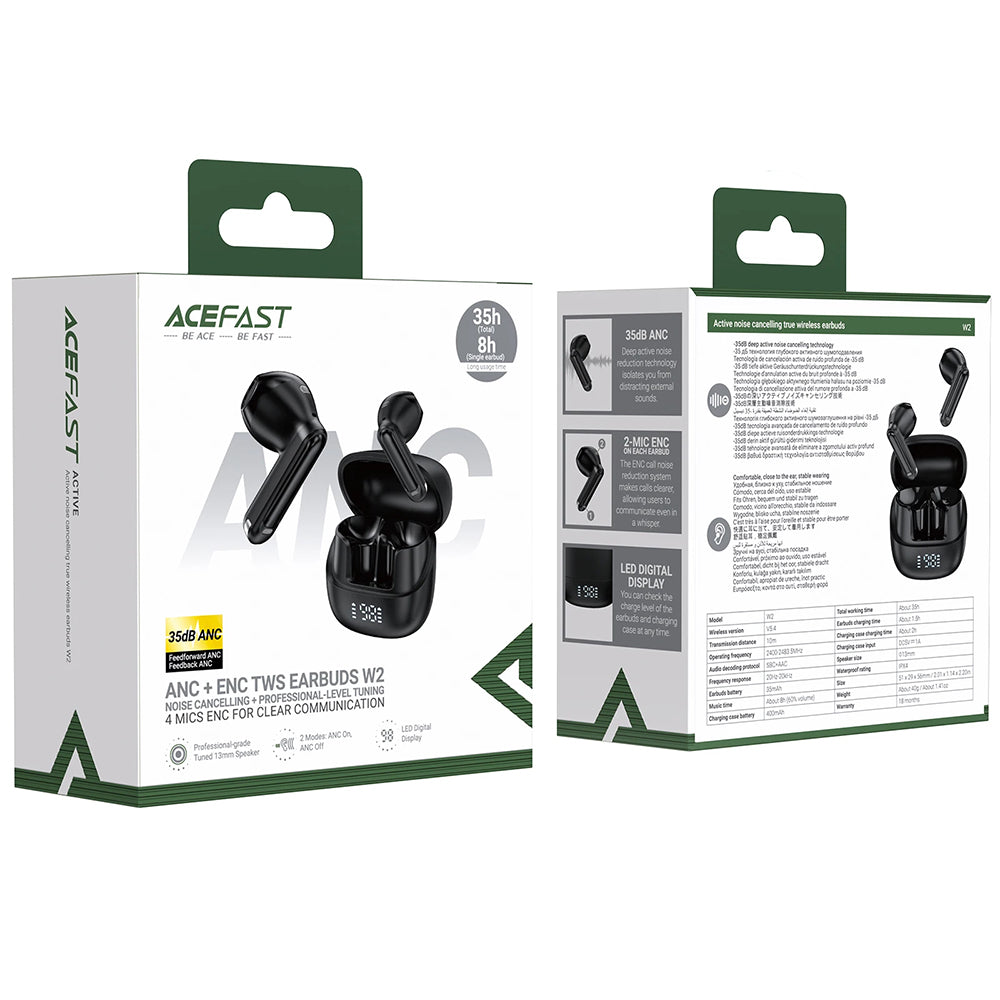 Acefast - Wireless Earbuds (W2) - TWS, Bluetooth 5.4, 4-Mic ENC, IPX4, 400mAh, LED Digital Display, Magnetic Design - Bl