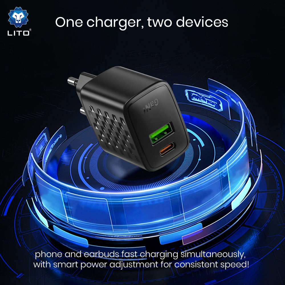 Lito - Wall Charger (LC24) - Type-C, USB Output, PD65W, GaN, PC Fireproof, EU Plug - Black