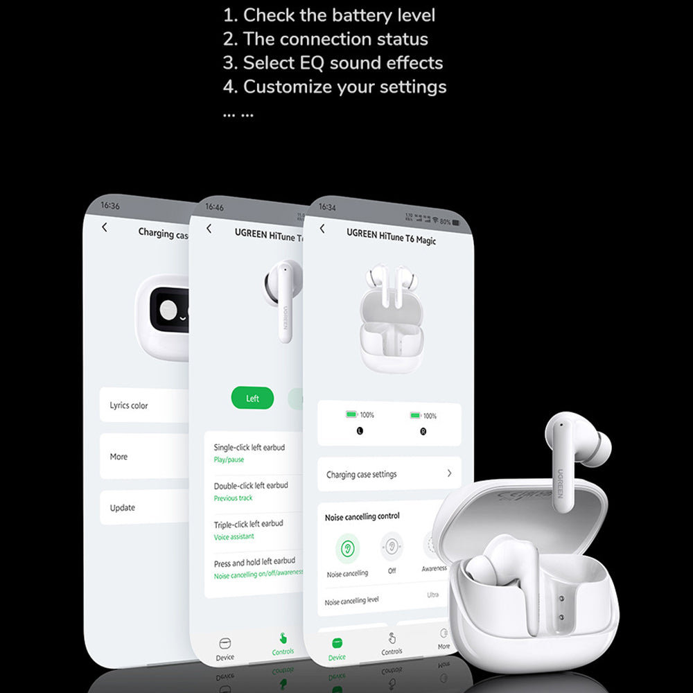 Ugreen - Wireless Earbuds HiTune T6 Magic WS211 (55137) - LCD Color Screen, Bluetooth 5.4, ANC, Gaming Mode, 500mAh, App