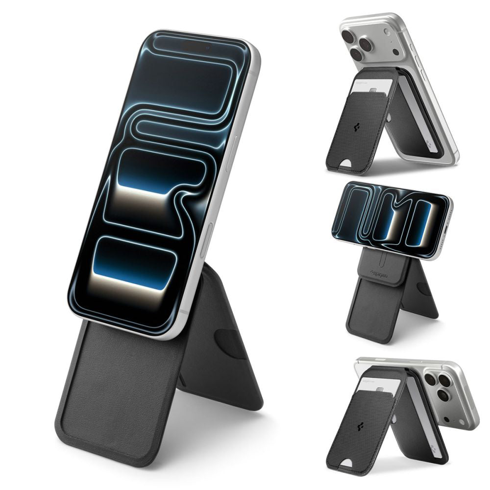 Spigen - Card Holder MagSafe Slim Fold Tripod S314-2 (AFA10406) - for Phone, Universal, Magnetic, Stand, PU Leather - Bl