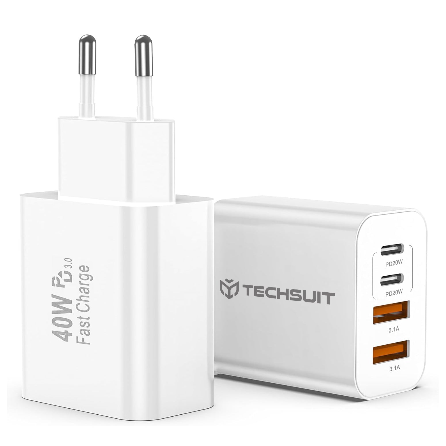Techsuit - Premium Wall Charger PowerXQuad (CH4) - 2x PD20W Type-C, 2x USB 3.1A, Super Fast Charge Travel Adapter 40W - 