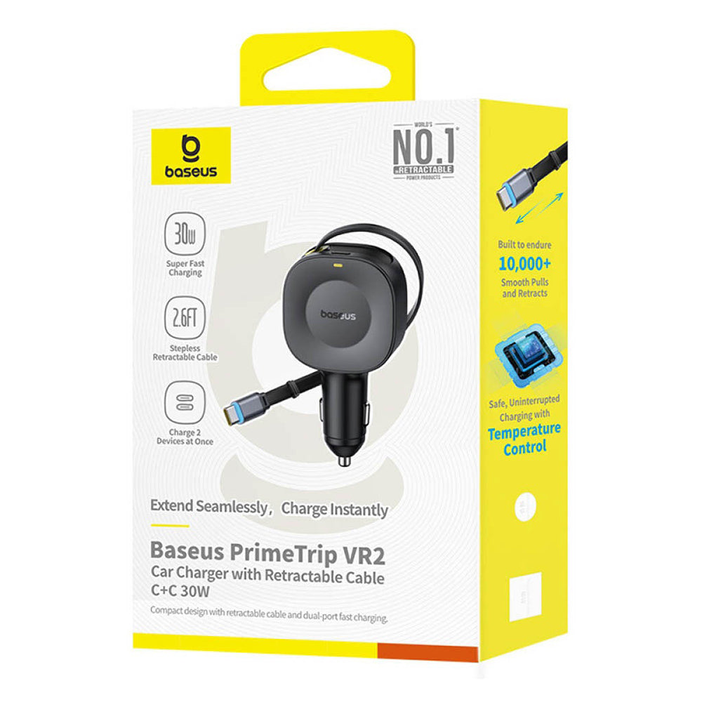 Baseus - Car Charger PrimeTrip VR2 (C0206400) - Type-C, with Retractable Type-C Cable, 30W, 80cm - Black