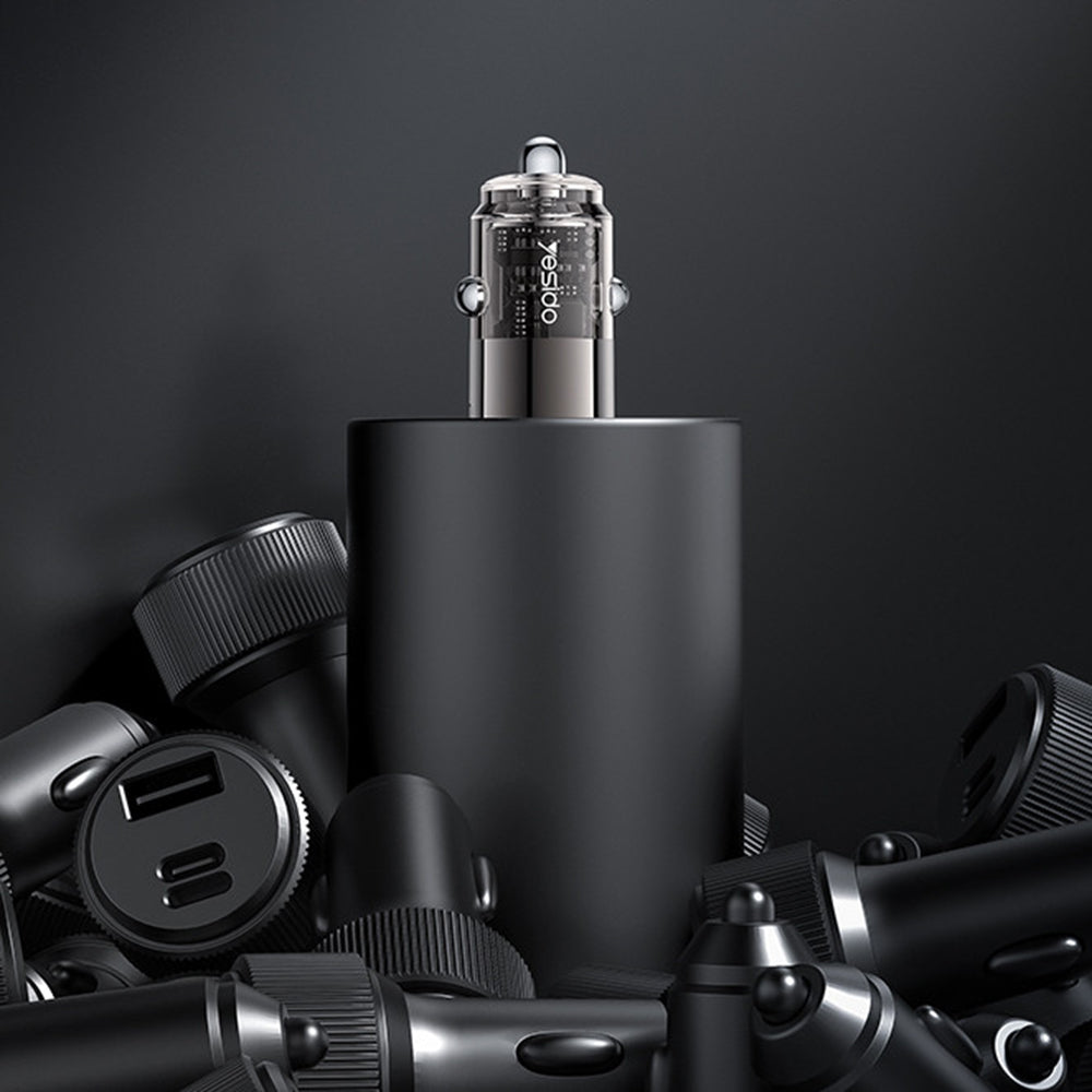 Yesido - Mini Car Charger (Y69) - Dual-Port Type-C, PD30W, Aluminum Alloy, Fast Charging - Black