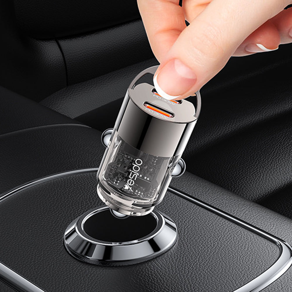 Yesido - Mini Car Charger (Y69) - Dual-Port Type-C, PD30W, Aluminum Alloy, Fast Charging - Black