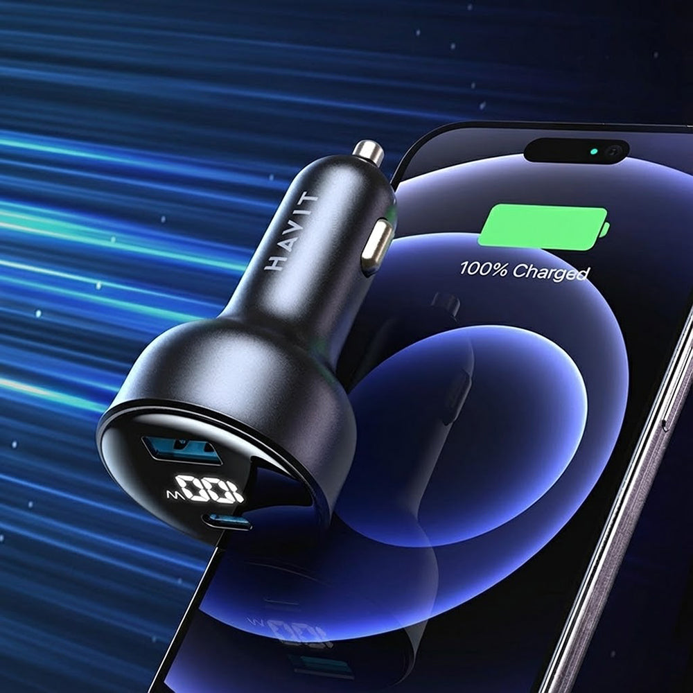 Havit - Car Charger (CC100W) - USB, Type-C, PD100W, PC, with Digital Display - Black