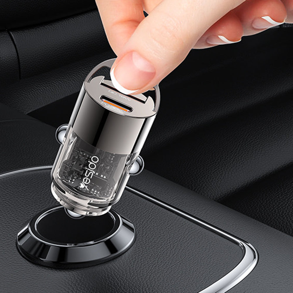 Yesido - Hidden Car Charger (Y68) - Dual-Port USB-A + Type-C, PD30W, Aluminum Alloy, Fast Charging - Black